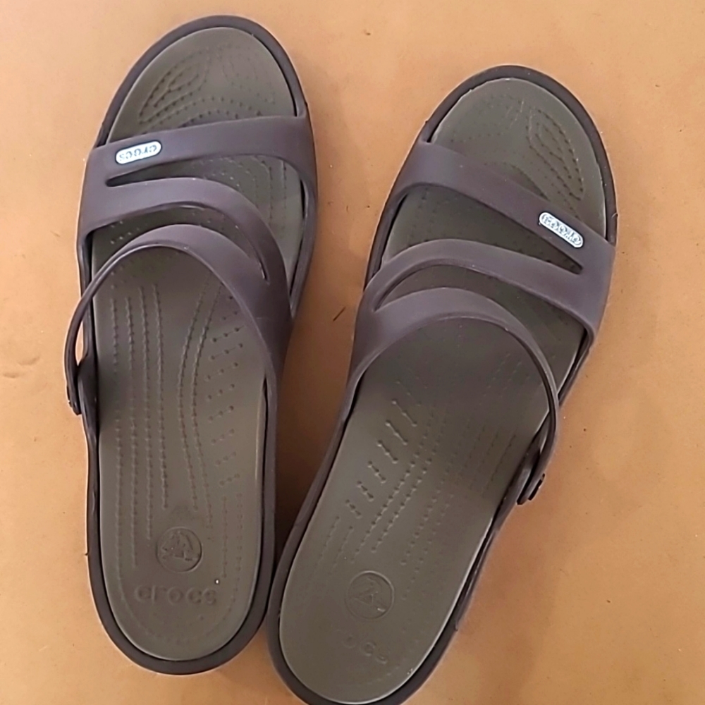 Crocs Brown & Khaki Patricia Wedge Sandals, size 9